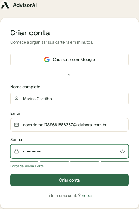 Tela de criação de conta do AdvisorAI, com campos de nome, e-mail e senha preenchidos