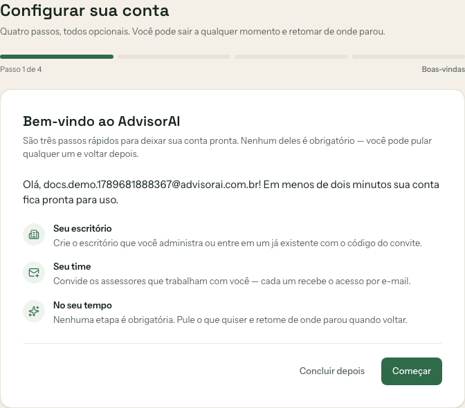 Tela de boas-vindas do assistente de configuração do AdvisorAI, passo 1 de 4