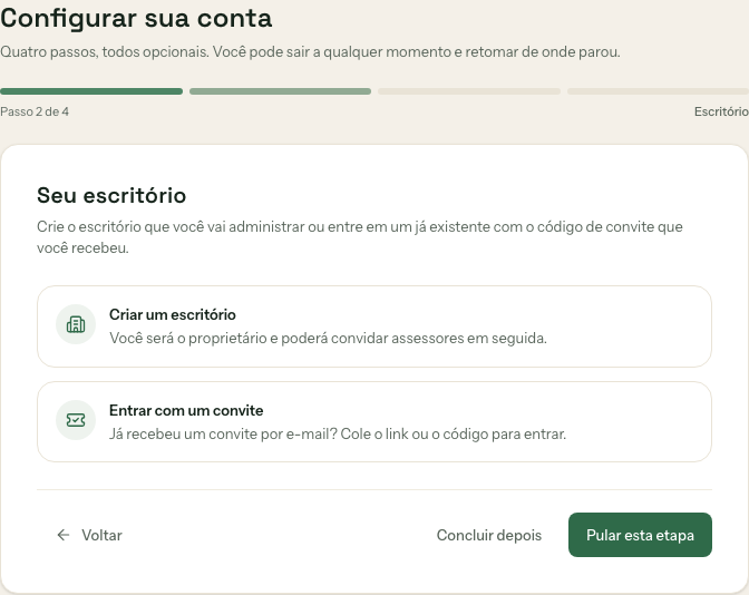 Tela do assistente perguntando se o usuário quer criar um escritório ou entrar com um convite