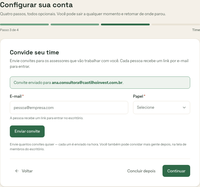 Confirmação de convite enviado, com o formulário limpo para o próximo envio