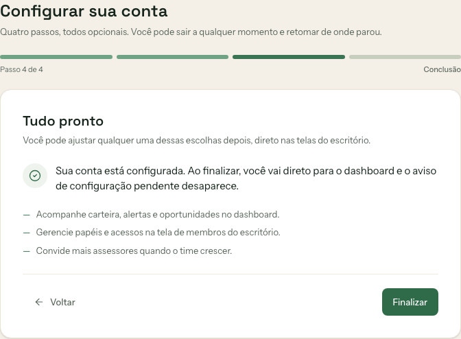 Tela final do assistente de configuração, Tudo pronto, com botão Finalizar