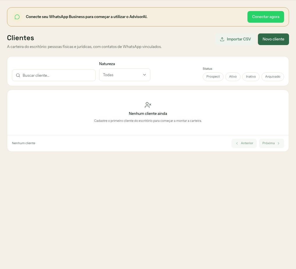 Tela de Clientes vazia, com o convite para cadastrar o primeiro cliente do escritório