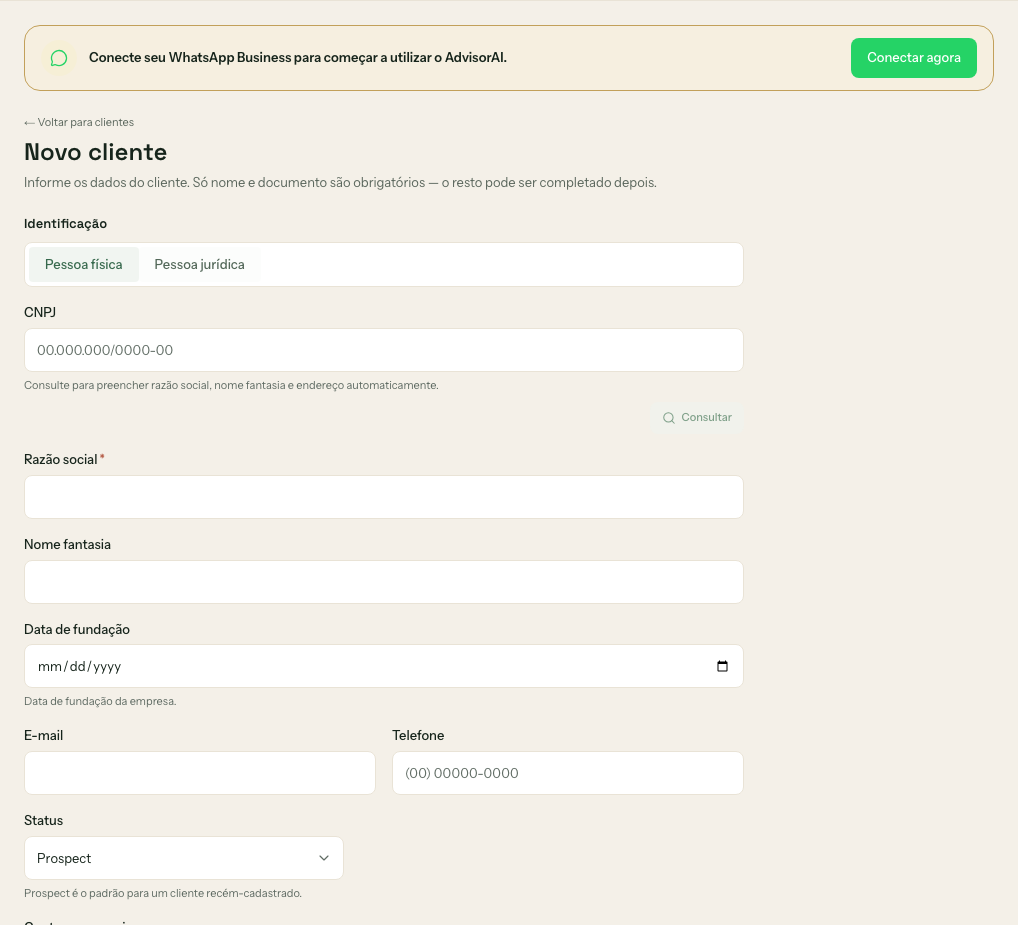 Formulário de novo cliente no modo Pessoa jurídica, com os campos CNPJ e Razão social