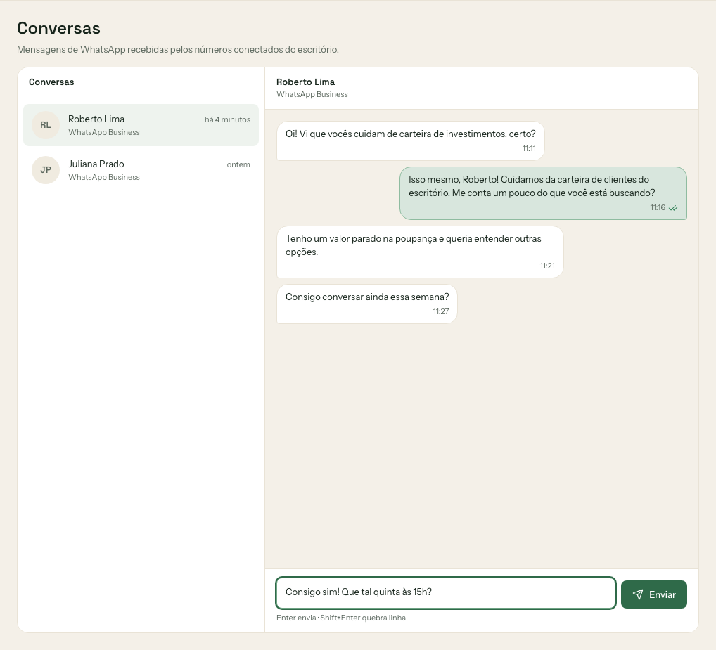 Composer de mensagem com um rascunho de resposta digitado, pronto para envio