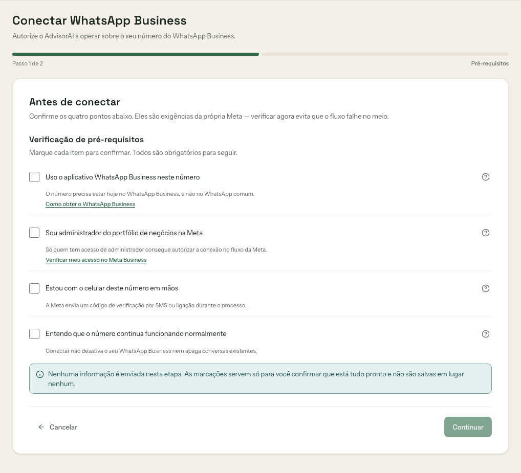 Assistente de reconexão do WhatsApp Business, passo 1 de 2, com a checklist de quatro pré-requisitos