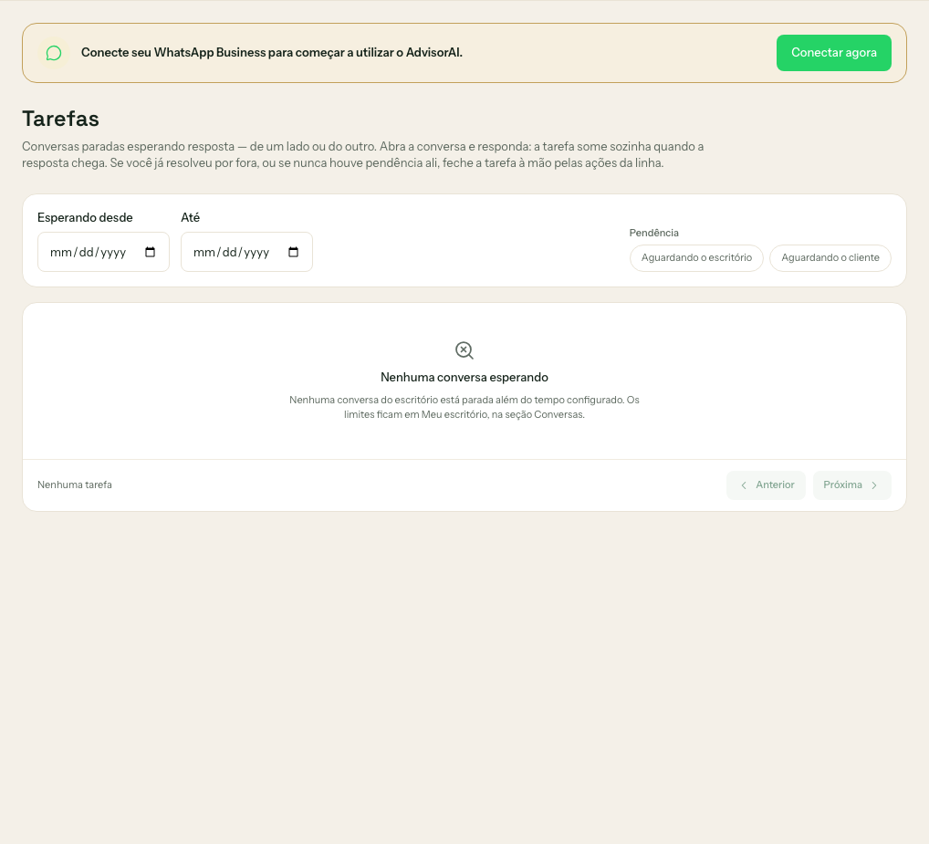 Tela de Tarefas vazia, com a mensagem Nenhuma conversa esperando