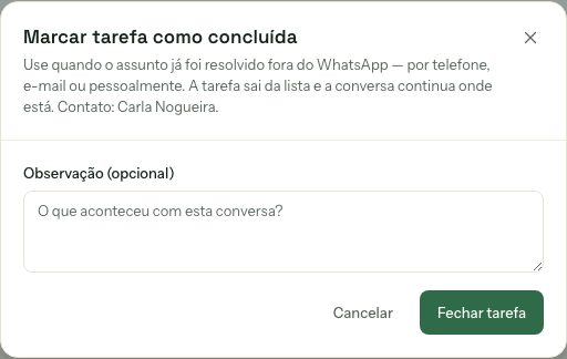 Modal Marcar tarefa como concluída, com campo de observação opcional