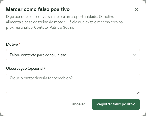 Modal Marcar como falso positivo, com o campo Motivo preenchido e observação opcional