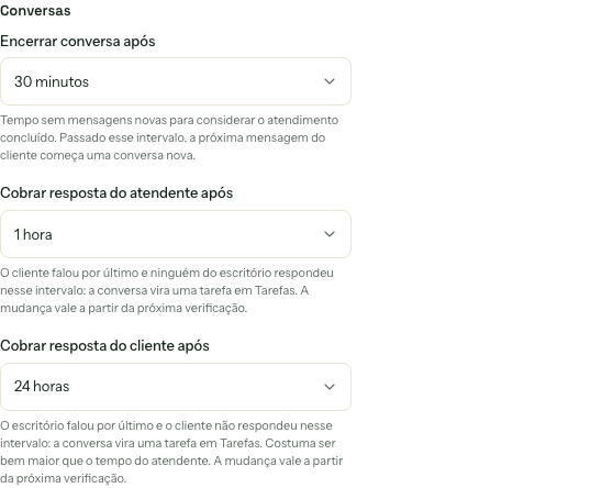 Seção Conversas com os três seletores: Encerrar conversa após, Cobrar resposta do atendente após e Cobrar resposta do cliente após