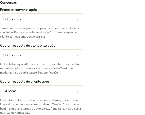 Seção Conversas com o campo Cobrar resposta do atendente após alterado para 30 minutos, antes de salvar