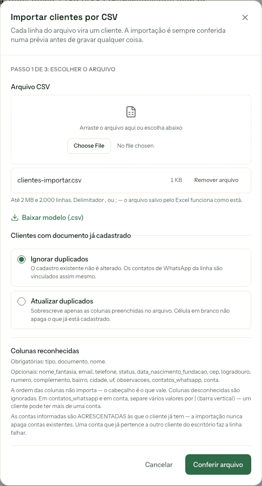 Modal de importação com o arquivo CSV selecionado e as opções Ignorar duplicados ou Atualizar duplicados