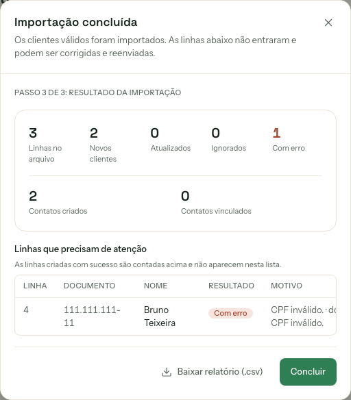 Tela de resultado da importação concluída, com 2 clientes novos e 1 linha com erro, e o botão Baixar relatório